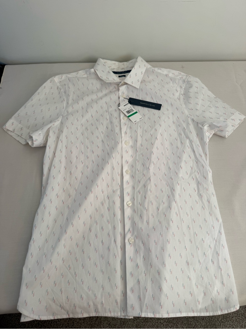 Perry Ellis White Short-Sleeve Button-Down with Micro Multicolor Motif
